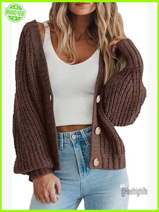 Sweaters - Chunky Knit Open Front Short Cardigan Long Sleeve Button Down V-Neck Loose